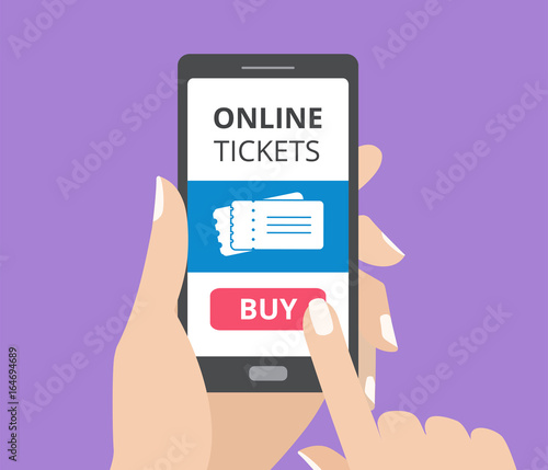 Hand holding smartphone with buy button and tickets icon on screen. Concept of online tickets mobile application.