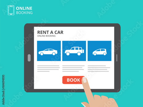 Hand touching screen of tablet computer with car icons and book button. Design concept of car hire mobile application.