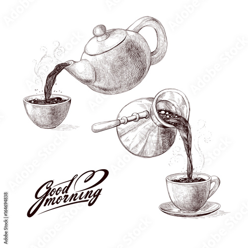 Vector sketch illustration of fresh brewed hot and flavored morning coffee from turks and tea from teapot poured into cup. Drink with splashes and steam pouring into bowl. Imitation vintage engraving.