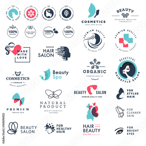 Premium quality beauty and nature icons. Set of vector illustration concepts of labels and stickers for cosmetics, healthcare, natural and organic products, wellness and spa, beauty salon, jewelry