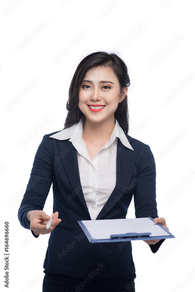 Portrait of an attractive young businesswoman with blue folder, isolated on white background Portrait of an attractive young businesswoman with blue folder, isolated on white background