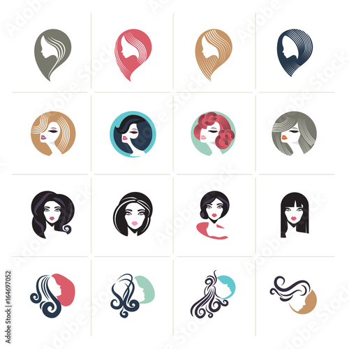 Set of flat design woman avatar icons and signs for beauty, fashion, cosmetics, spa and wellness, healthcare and natural products. 