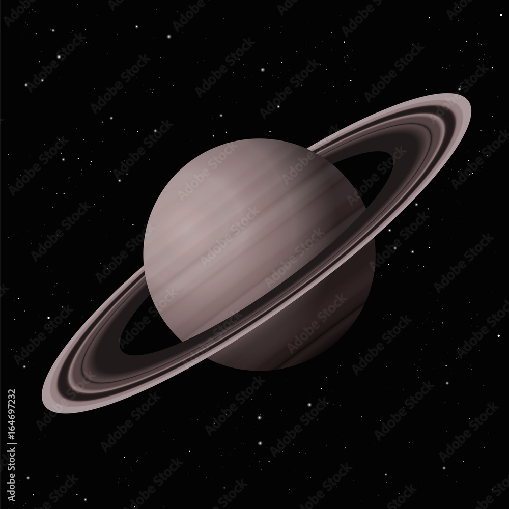 Fototapeta premium Saturn with typical rings - second largest planet in the Solar System - vector illustration on starry night galaxy black background.