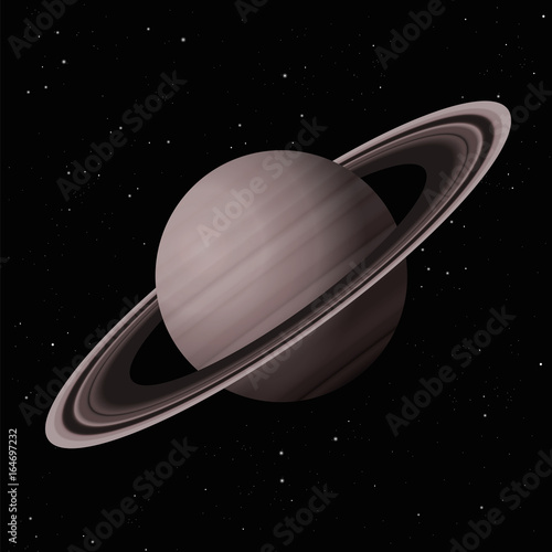 Saturn with typical rings - second largest planet in the Solar System - vector illustration on starry night galaxy black background.