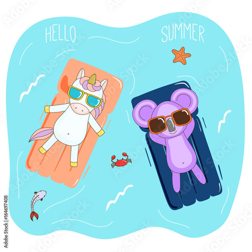 Hand drawn vector illustration of a koala and unicorn in sunglasses floating in the sea on inflatable air mattresses, with fish, starfish and crab, text Hello Summer.