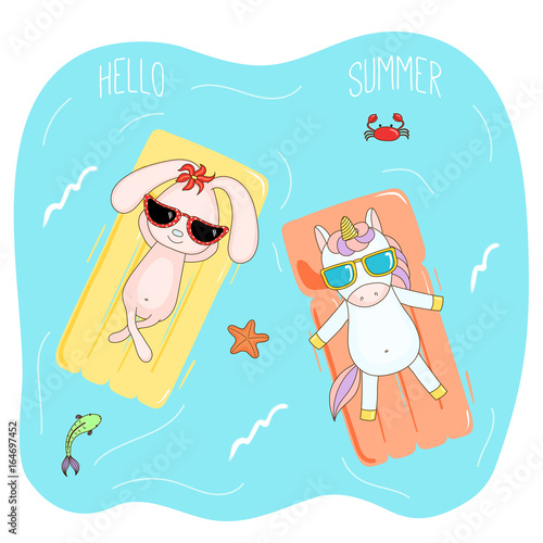 Hand drawn vector illustration of a unicorn and bunny in sunglasses floating in the sea on inflatable air mattresses, with fish, starfish and crab, text Hello Summer.