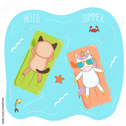 Hand drawn vector illustration of a unicorn and cat in sunglasses floating in the sea on inflatable air mattresses, with fish, starfish and crab, text Hello Summer.