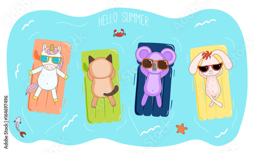 Hand drawn vector illustration of a unicorn, koala, bunny and cat in sunglasses floating in the sea on inflatable air mattresses, with fish, starfish and crab, text Hello Summer.