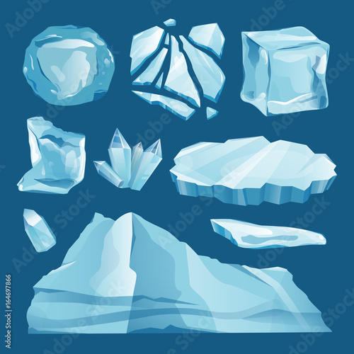 Set of ice caps snowdrifts and icicles elements winter decor vector on blue background. Ice cube with transparency, 3d vector set. Snowy elements on white background. Template in cartoon style for © fantrazy