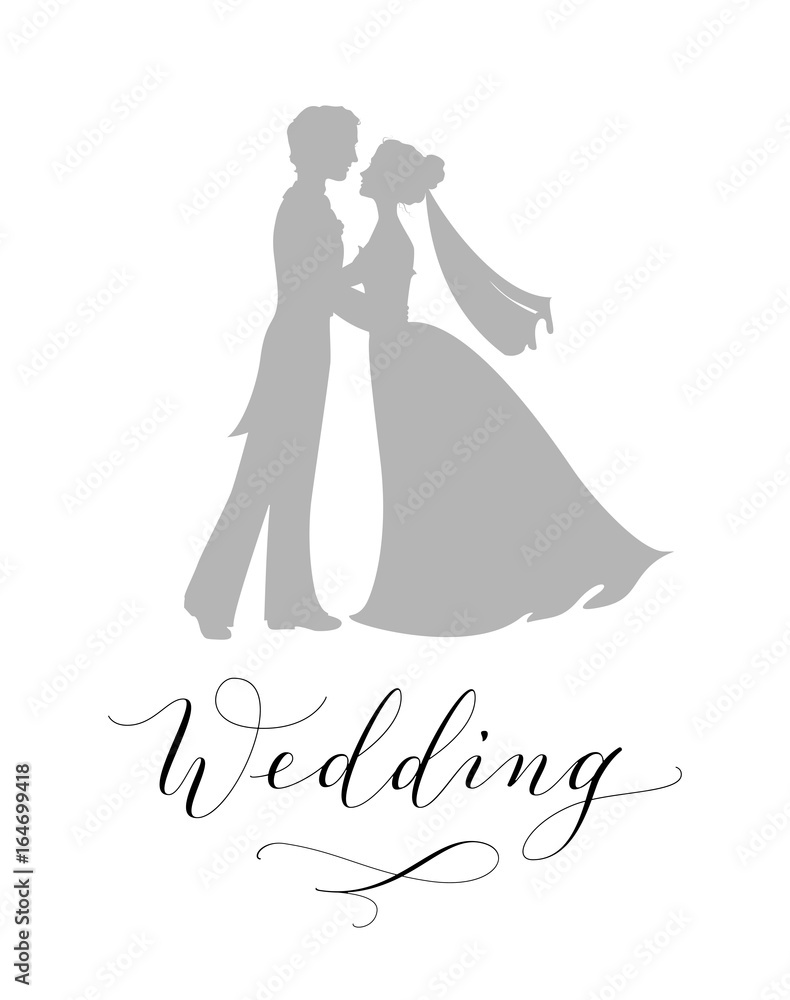 Wedding design concept. Bride and groom silhouettes and hand written custom calligraphy isolated on white Wedding design concept. Bride and groom silhouettes and hand written custom calligraphy isolated on white