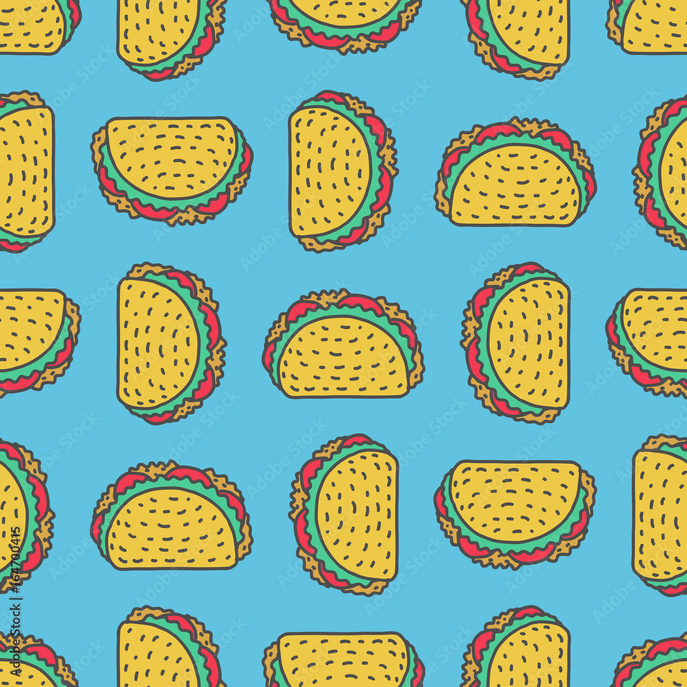 Taco drawing background. Mexican fast food pattern. Food from mexico ornament. Tacos texture Taco drawing background. Mexican fast food pattern. Food from mexico ornament. Tacos texture