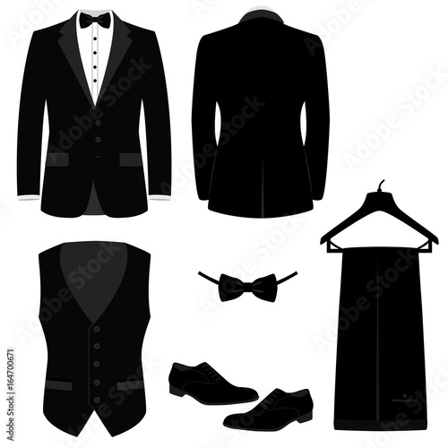 Wedding men's suit with shoes, tuxedo.
