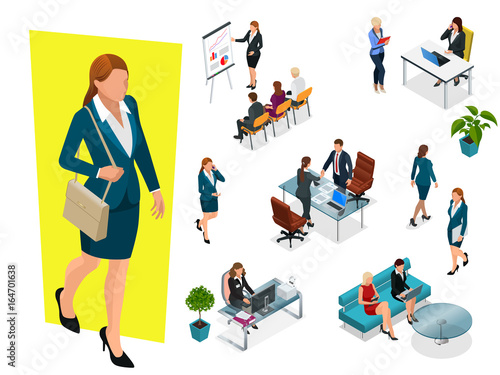 Isometric elegant business women in formal clothes. Base wardrobe, feminine corporate dress code. Business negotiations concept. Set for creating an office worker character.