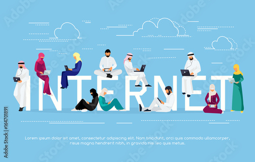 Young Muslim people with tablet pc and laptops are engaged in distance learning on the Internet.