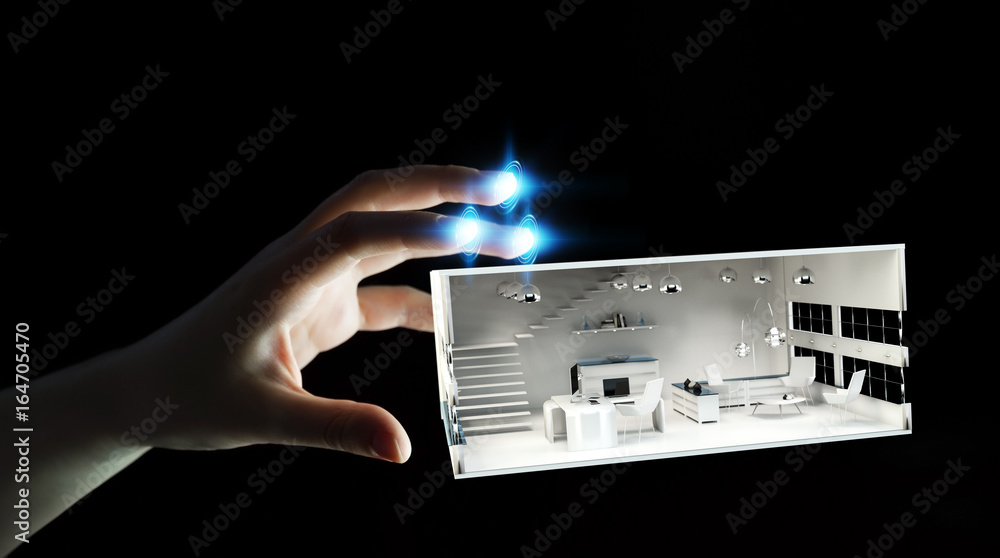 Businesswoman touching white 3D rendering apartment Businesswoman touching white 3D rendering apartment