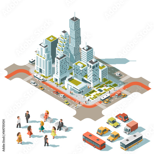 Vector Isometric info graphic city streets with different buildings, houses, shops and skyscrapers. Transport and people. Low poly style.
