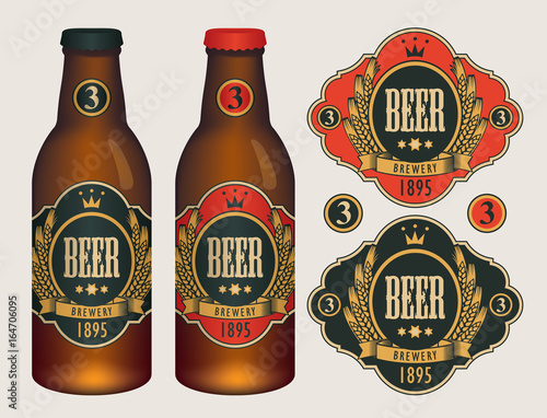 Vector beer labels with coat of arms, wreath of wheat and ribbon in curly frame on black and red background in retro style. Two template labels for beer and neck labels on glass bottles with caps.