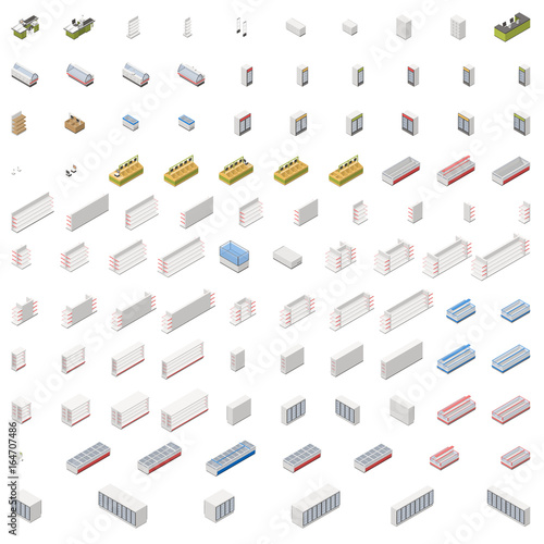 Equipment for grocery supermarket isometric icon set