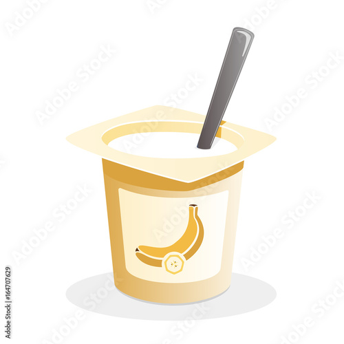 Banana yogurt with spoon inside on white background. Isolated vector illustration