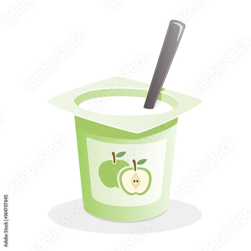 Apple yogurt with spoon inside on white background