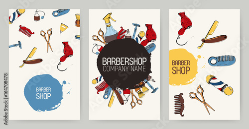 Set of different barbershop advertising backgrounds. Colorful backdrops with tools. Vector templates collection.