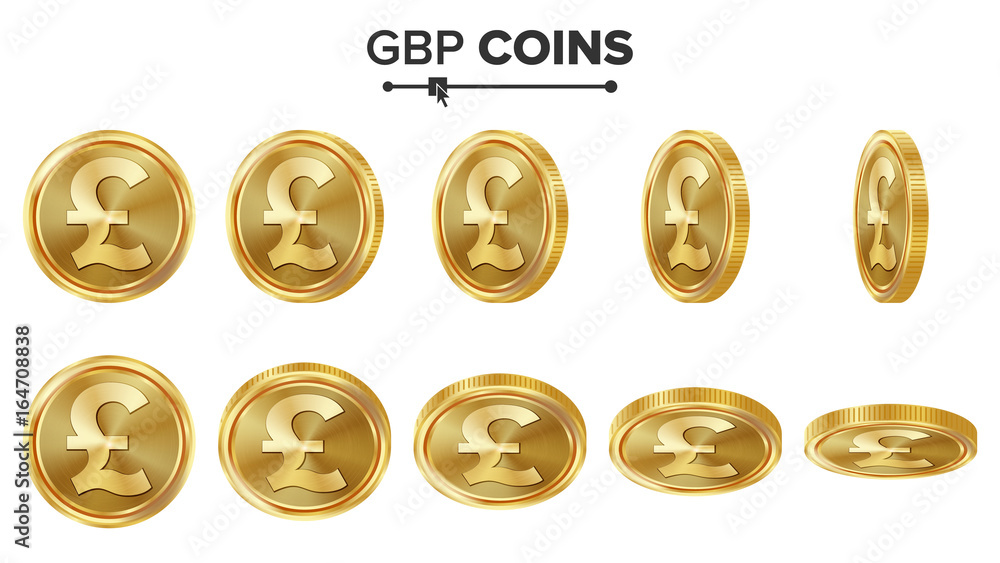 GBP 3D Gold Coins Vector Set. Realistic Illustration. Flip Different Angles. Money Front Side. Investment Concept. Finance Coin Icons, Sign, Success Banking Cash Symbol. Currency Isolated On White