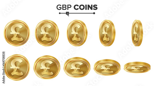 GBP 3D Gold Coins Vector Set. Realistic Illustration. Flip Different Angles. Money Front Side. Investment Concept. Finance Coin Icons, Sign, Success Banking Cash Symbol. Currency Isolated On White