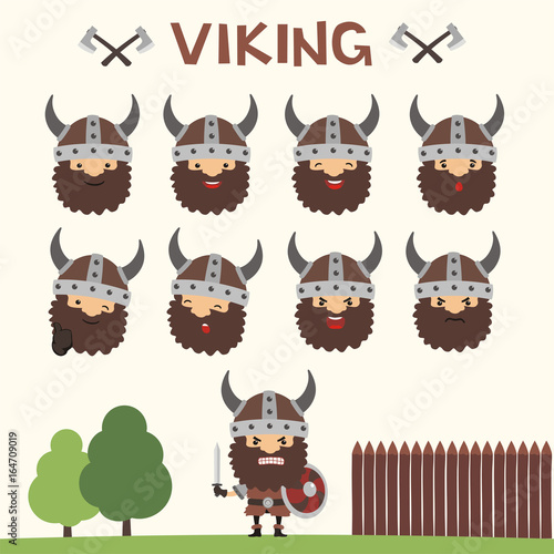 Emoticons set face of vikings in cartoon style. Collection isolated heads of vikings in different emotion and his body.