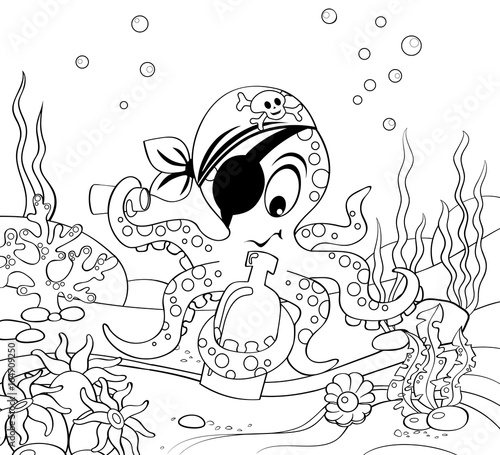 Cartoon pirate octopus with bottle. Underwater world. Black and white vector illustration for coloring book