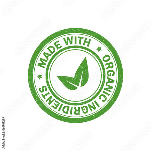Made with organic ingredients rubber grunge stamp. Vegetarian food icon. Vector