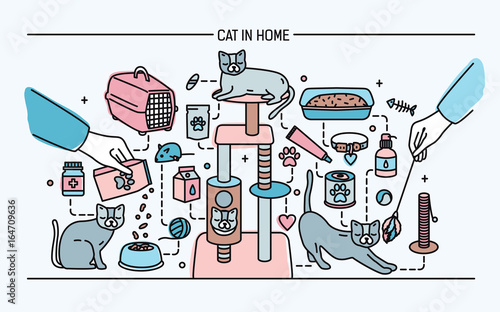 Cat in home horizontal banner with pet toys, meds and kitty meals. Horizontal colorful line art vector illustration.