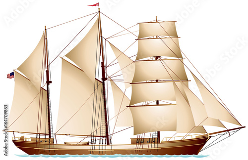 Barquentine, three-masted American merchant cargo vessel, sailing ship realistic vector illustration series