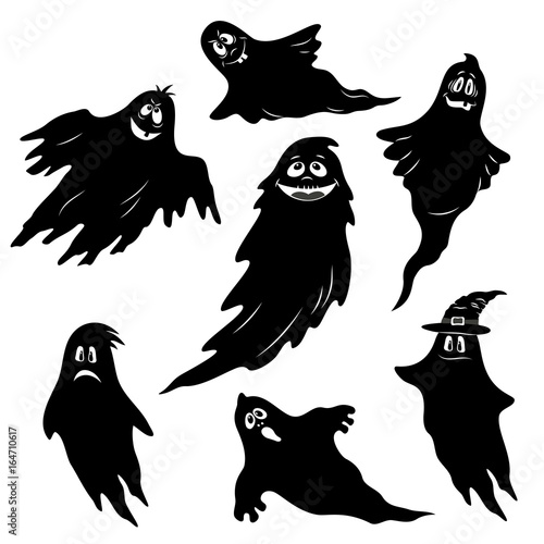 Set for Holiday Halloween Design, Flying Ghosts, Cartoon Character with Different Emotions, Black Silhouettes Isolated on White Background. Vector