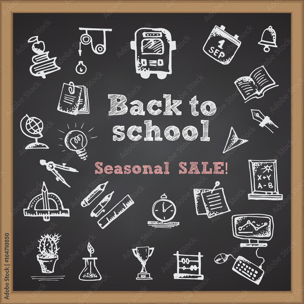 Back to school. Hand drawn school symbol on chalkboard. With text Seasonal sale Back to school. Hand drawn school symbol on chalkboard. With text Seasonal sale