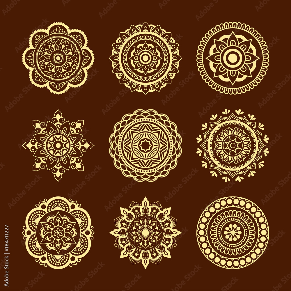 Set circular pattern in the form of mandala. Henna tatoo mandala. Mehndi style. Decorative pattern in oriental style. Coloring book page. Set circular pattern in the form of mandala. Henna tatoo mandala. Mehndi style. Decorative pattern in oriental style. Coloring book page.