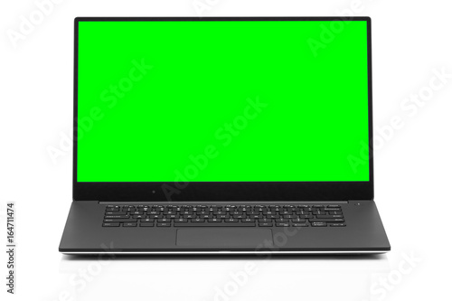 Sleek modern business laptop isolated on white background with reflection