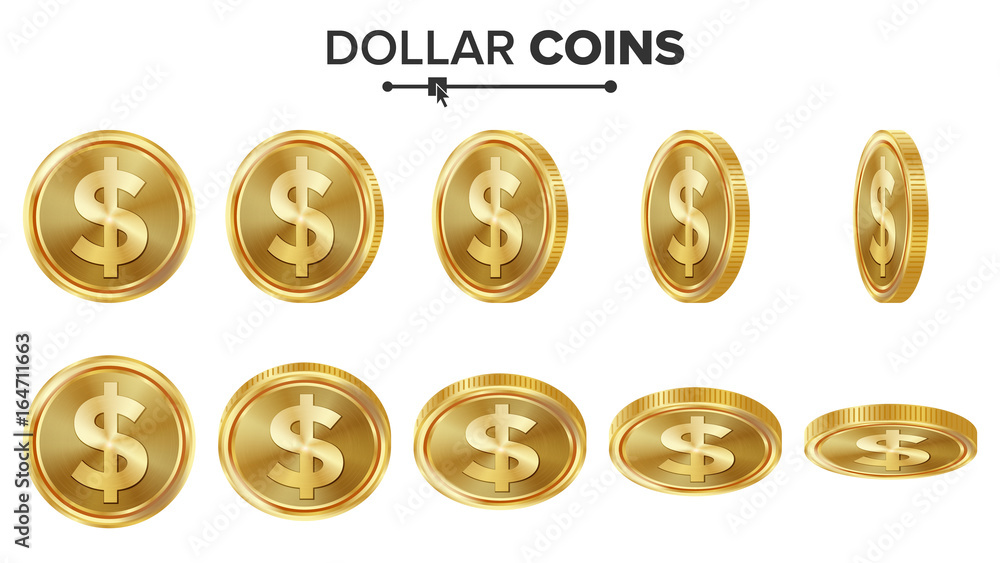 Dollar 3D Gold Coins Vector Set. Realistic Illustration. Flip Different Angles. Money Front Side. Investment Concept. Finance Coin Icons, Sign, Success Banking Cash Symbol. Currency Isolated On White Dollar 3D Gold Coins Vector Set. Realistic Illustration. Flip Different Angles. Money Front Side. Investment Concept. Finance Coin Icons, Sign, Success Banking Cash Symbol. Currency Isolated On White