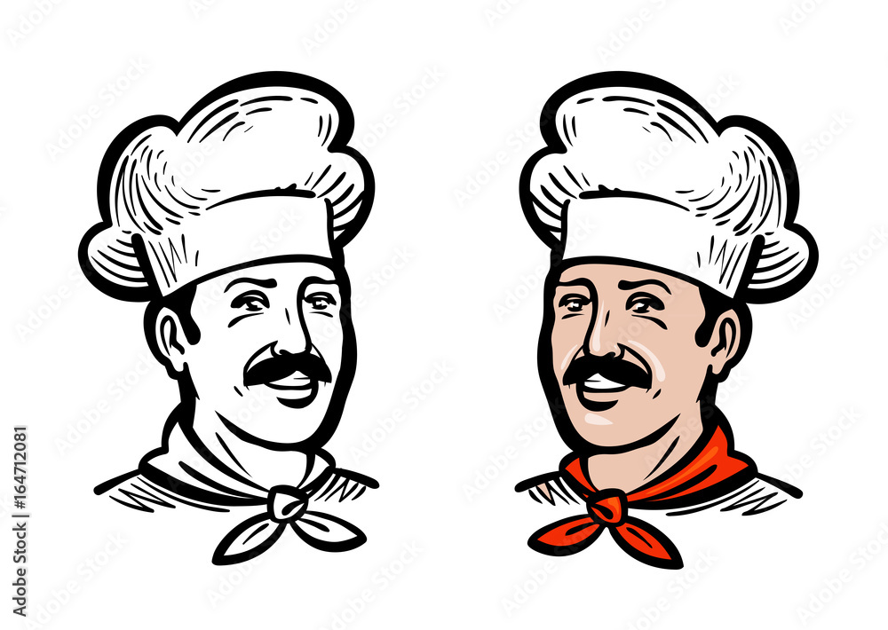 Portrait of joyful chef or baker, logo. Label or icon for design menu restaurant or cafe. Vector illustration Portrait of joyful chef or baker, logo. Label or icon for design menu restaurant or cafe. Vector illustration