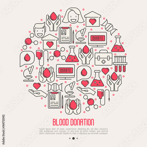 Blood donation concept in circle for web page, banner, print media with thin line icons. World blood donor day. Vector illustration.