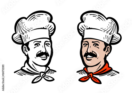 Portrait of joyful chef or baker, logo. Label or icon for design menu restaurant or cafe. Vector illustration