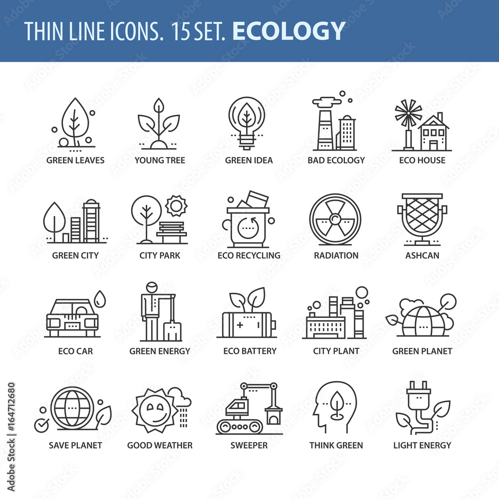 Set of thin line flat icons. Ecology
