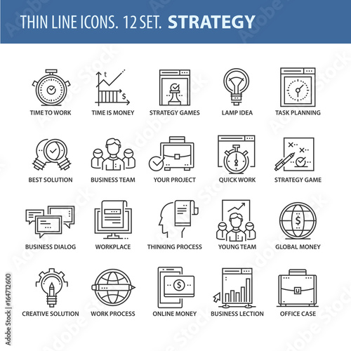 Set of thin line flat icons. Strategy