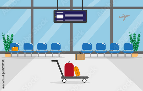 Background of hall at airport. Flat style, vector illustration with big with large windows, seats, airplane and bags