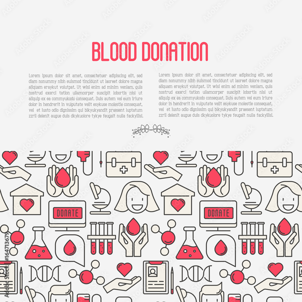 Blood donation concept for web page, banner, print media with thin line icons. World blood donor day. Vector illustration.