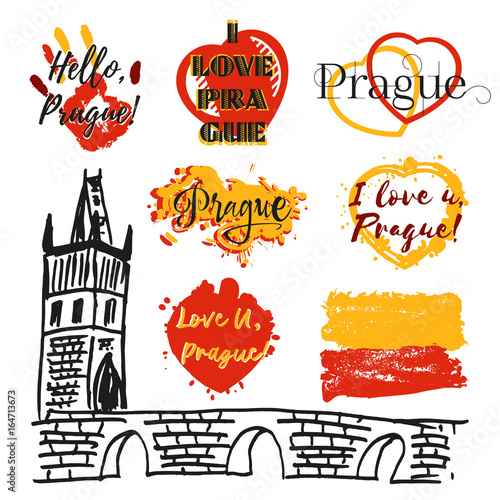 Collection of souvenir prints with lettering about Prague in shape of hearts, hand and flag from paint splashes in yellow red. Sketch of Charles bridge as one of symbol of Prague. Vector illustration