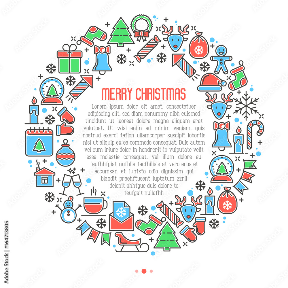 Christmas celebration concept in circle with thin line new year and Christmas symbols for banner, invitation, greeting card, print media. Vector illustration.