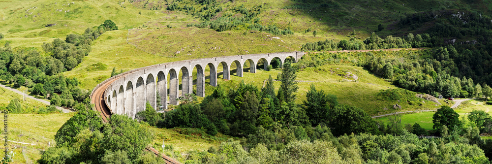 Panoramic view of the famous Glenfinnan Viaduct. Scottish Highlands, UK