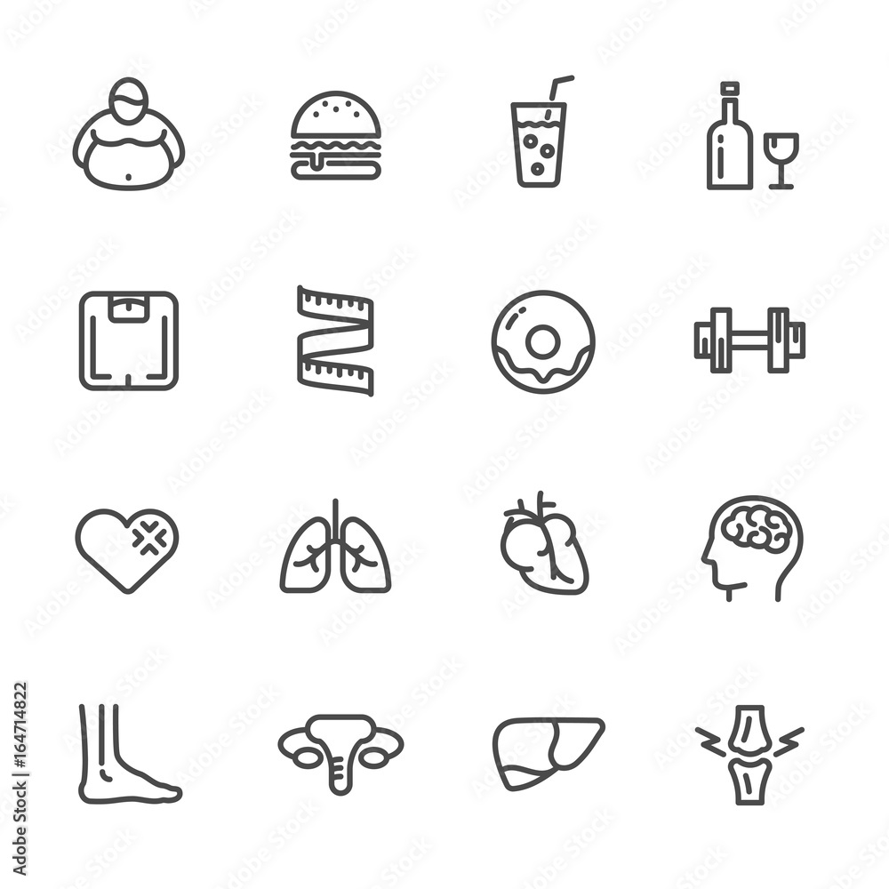 Dietary causes, health effects of obesity. vector line icons Dietary causes, health effects of obesity. vector line icons