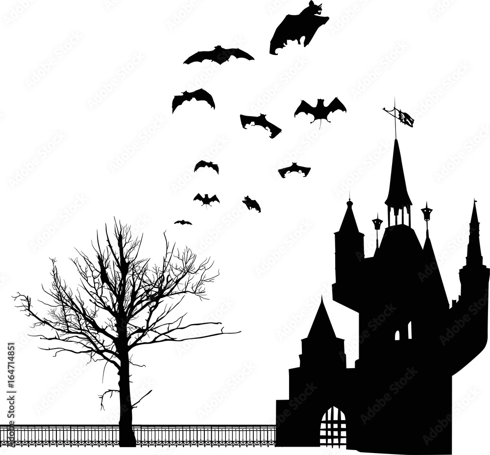 castle and bat silhouettes isolated on white
