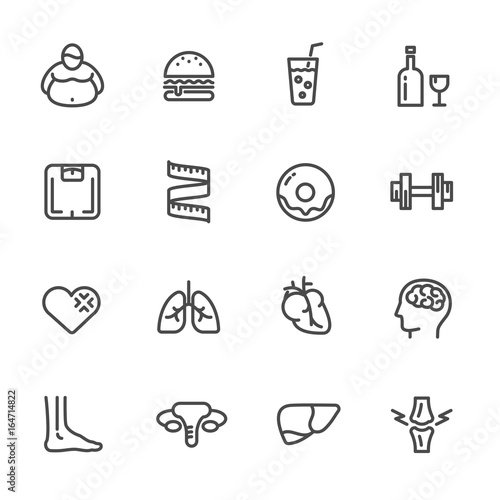 Dietary causes, health effects of obesity. vector line icons